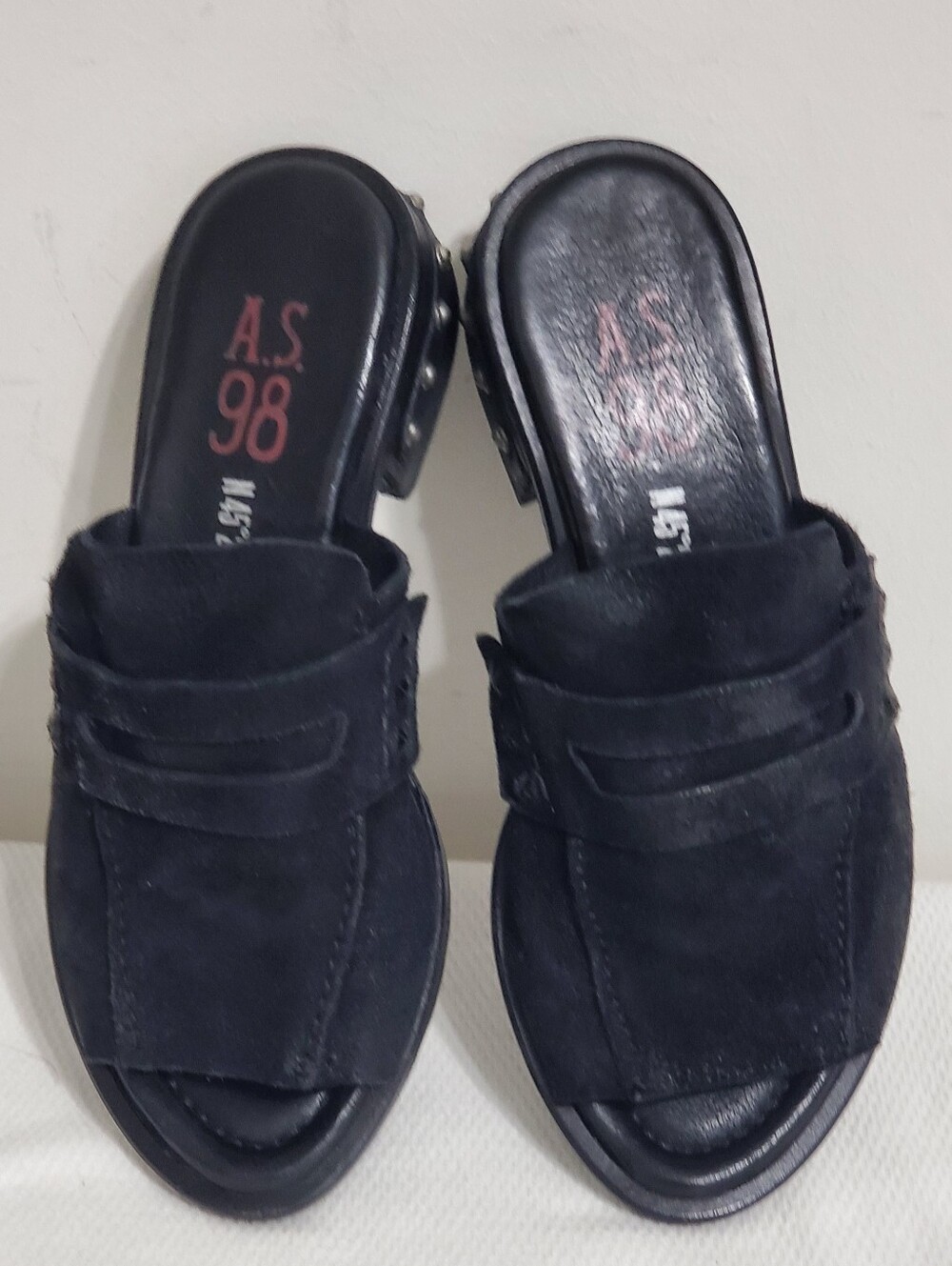 A.S.98 Black Suede Leather Peeptoe Mules Slide Sandals EU Size 36